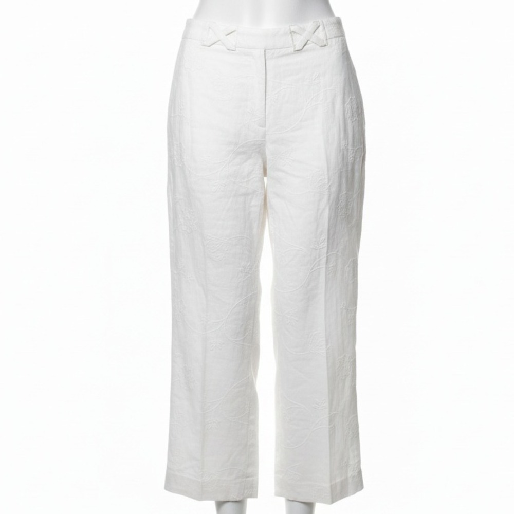 Larry Levine Cropped Linen Pants Womens 12 Embroidered Floral‎ Pattern Beach